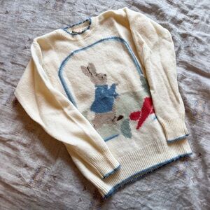Beatrix Potter Cream Rabbit Crewneck Sweater with Blue Trim